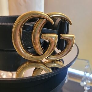 Gucci Marmont Double G Black Leather Belt GG Gold Tone Antique Brass Hardware 32